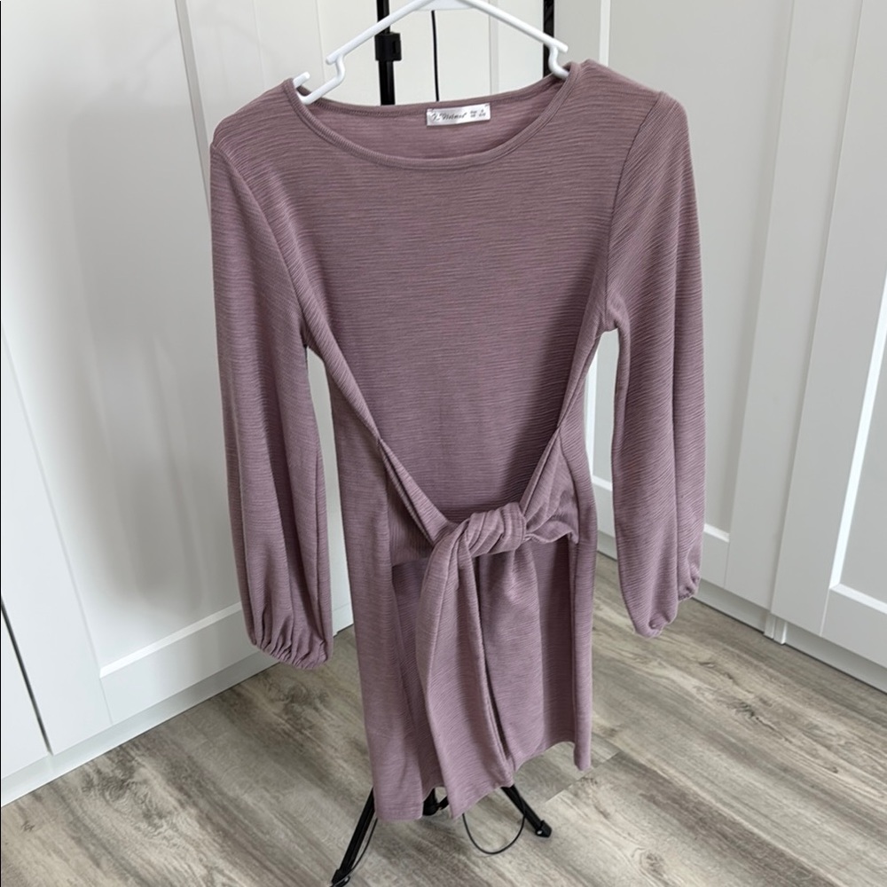 Mauve Tie Front Ribbed Long Sleeve Dress